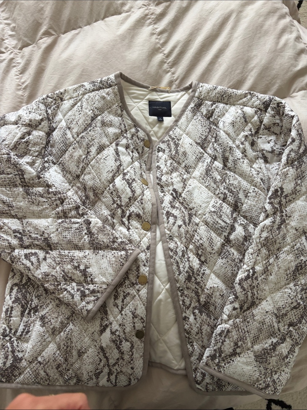 Habitual Quilted Snake-Print Puffer Jacket in Cream and Brown